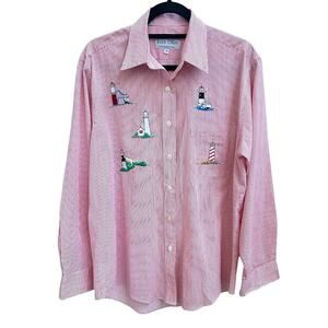 Las Olas Lighthouse Button Up Long Slv Stripe Shirt M Oversized Coastal Cover Up